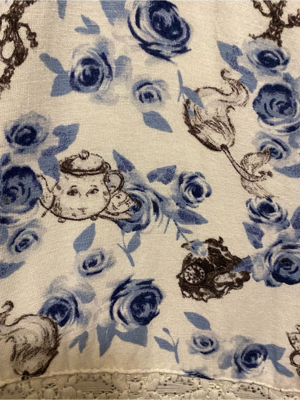 Disney Beauty And The Beast Womens Peplum Top Shirt L Mrs Potts Blue Floral - Picture 3 of 9